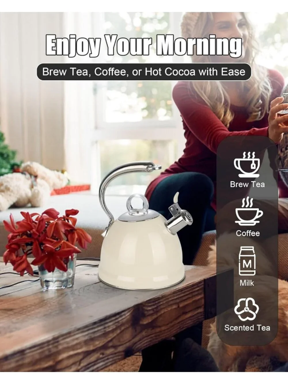 2.5 Qt Stainless Steel Whistling Tea Kettle for Gas, Electric Induction White